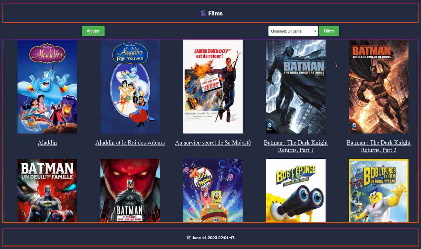 Un screenshot d'un site web de gestion de films